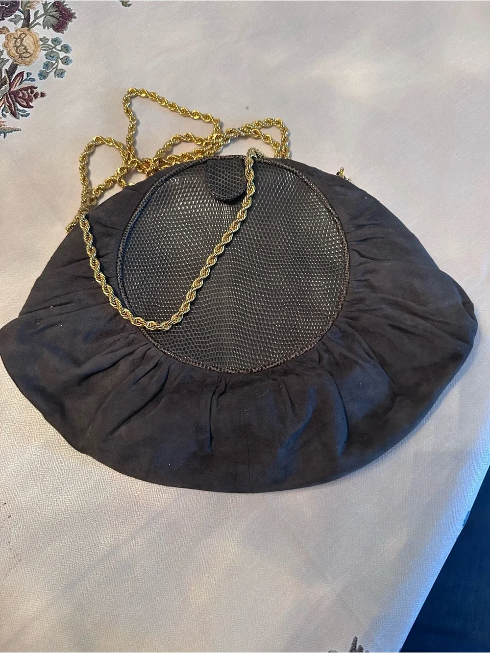 Vintage Bottega Veneta Gray Suede Round Ruched Shoulder Bag with Gold Chain